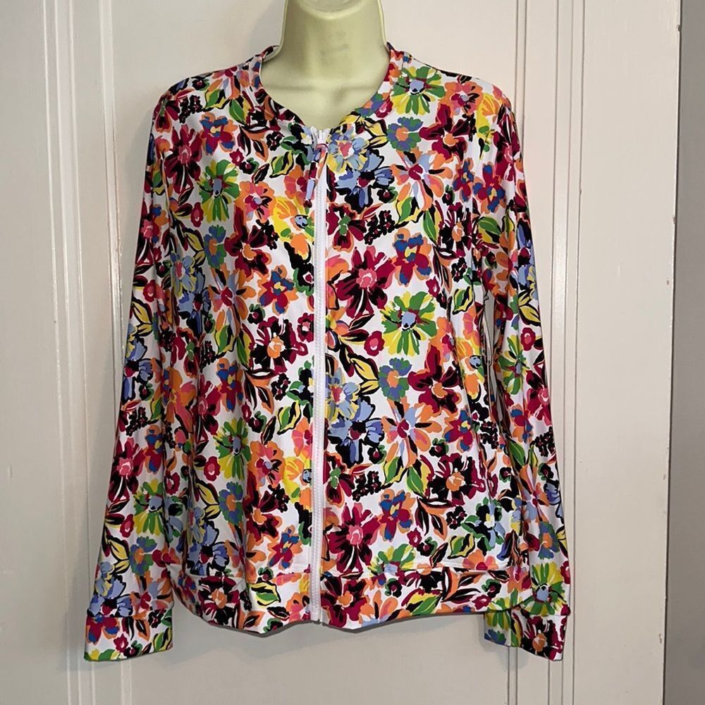 NWT Anne Cole bright‎ multi colored floral nylon/spandex jacket UPF 50+